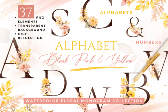 Download Watercolor Pink &amp; Yellow Floral Alphabet - Yellow floral Collection