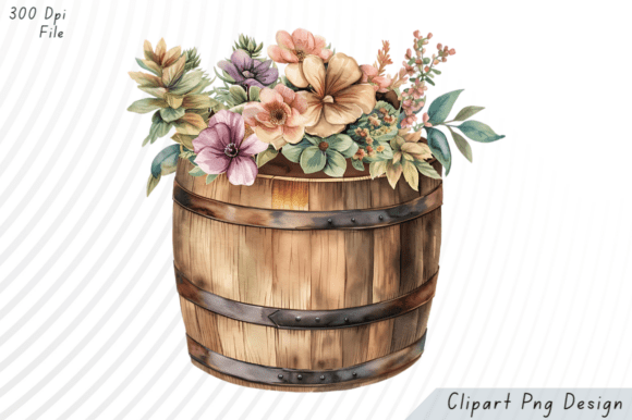 Download Wooden Barrel with Blooming Flowers PNG - Blooming Collection